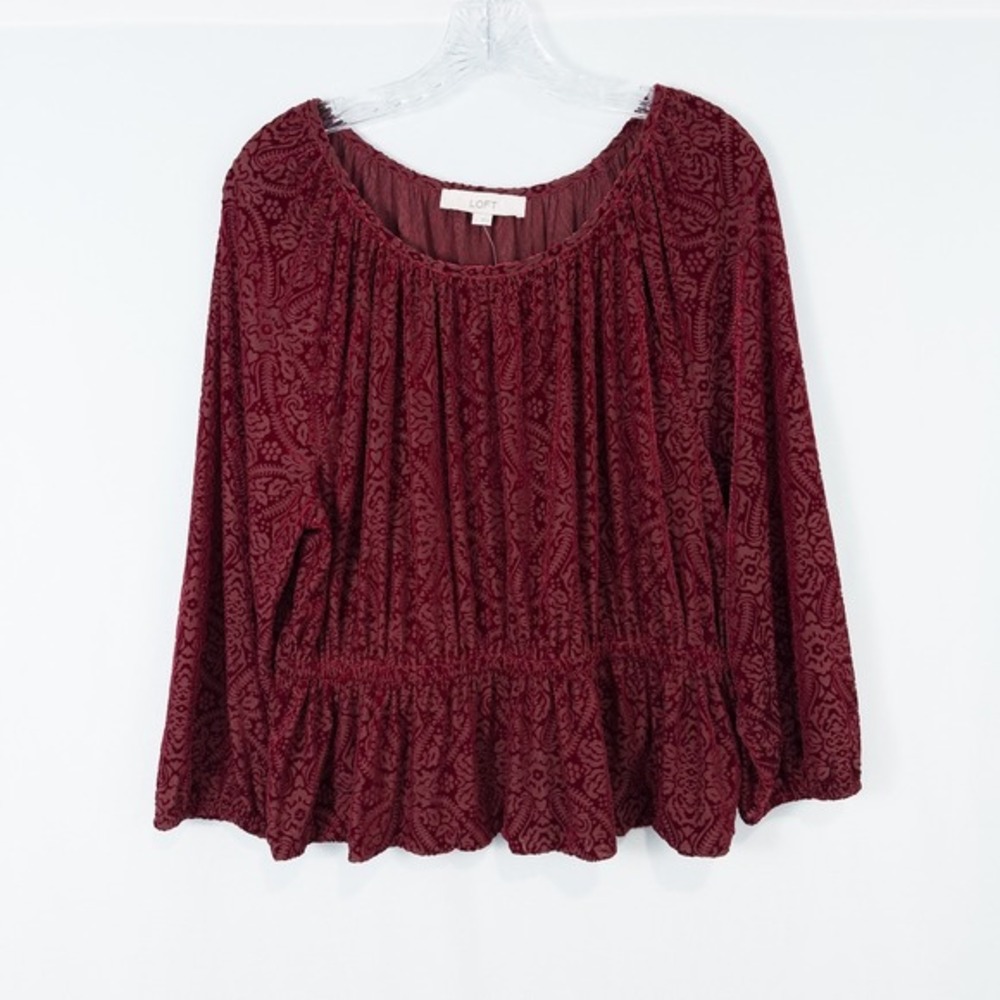 LOFT‎ Velvet Burnout Peplum Top Large Floral Velour Burgundy Whimsigoth Romantic